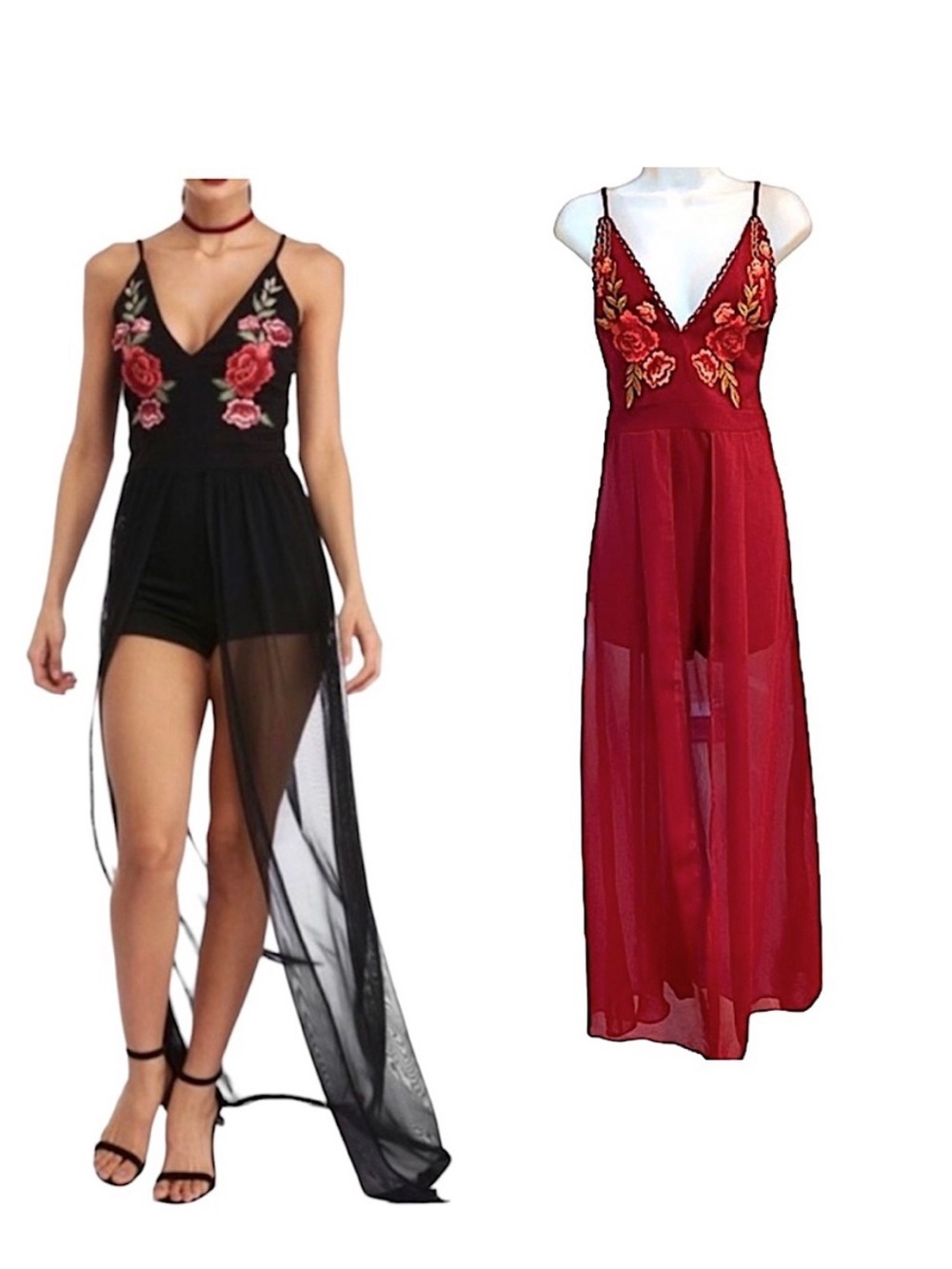 Privy Floral Embroidered Plunge Neck Maxi Skirt Romper Red Formal Sexy Evening